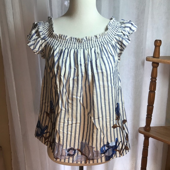 Romeo Juliet Top Shirt Blouse Floral Off Shoulder Peasant Striped Small Blue New - Picture 5 of 7